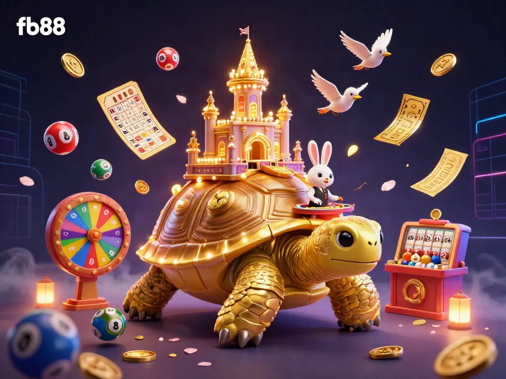 Engage in thrilling games at fb88 with vibrant scenes of a cartoon casino world featuring gold coins, a dealer, and lottery elements.