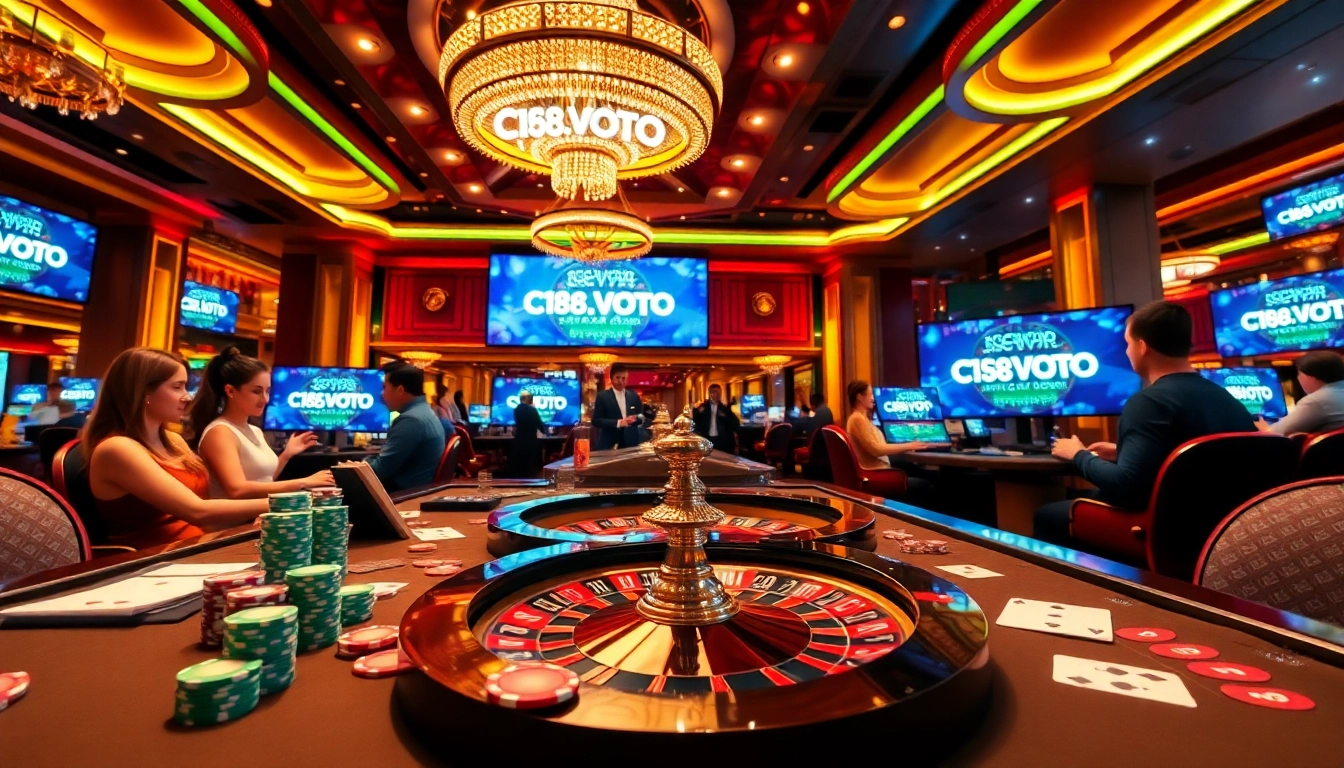 C168.VOTO casino scene showcasing vibrant poker chips and roulette wheels, enhancing the gambling experience.