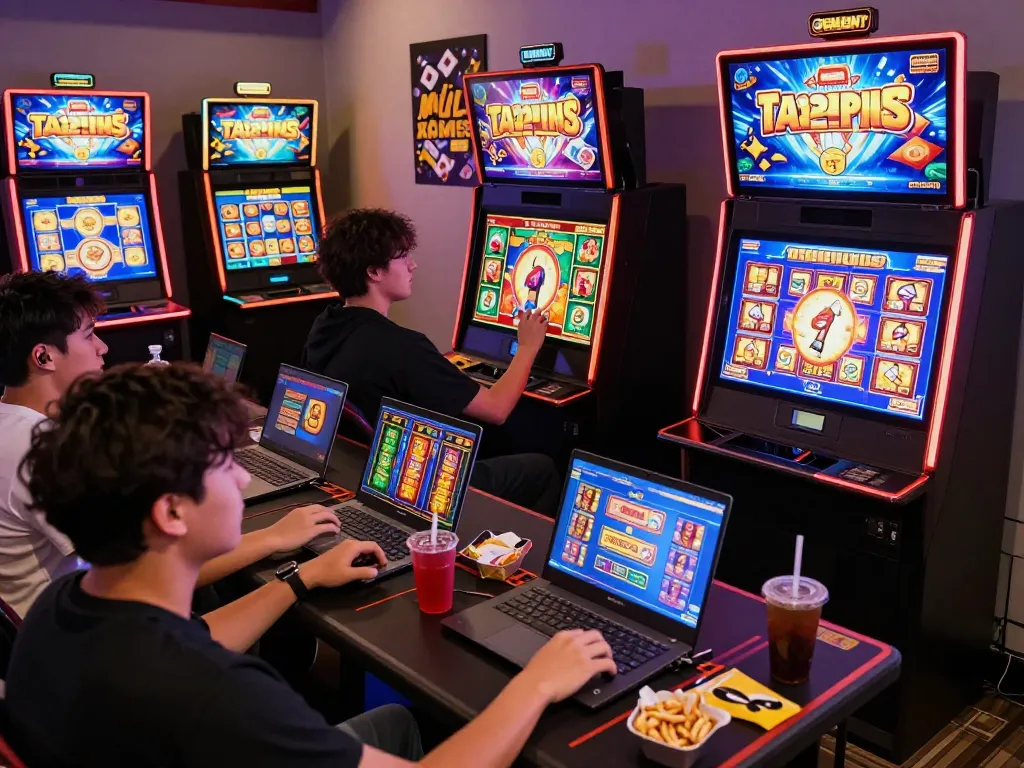 Pemain menikmati permainan slot online laoban188 di lingkungan permainan yang hidup dengan tampilan warna-warni dan camilan.