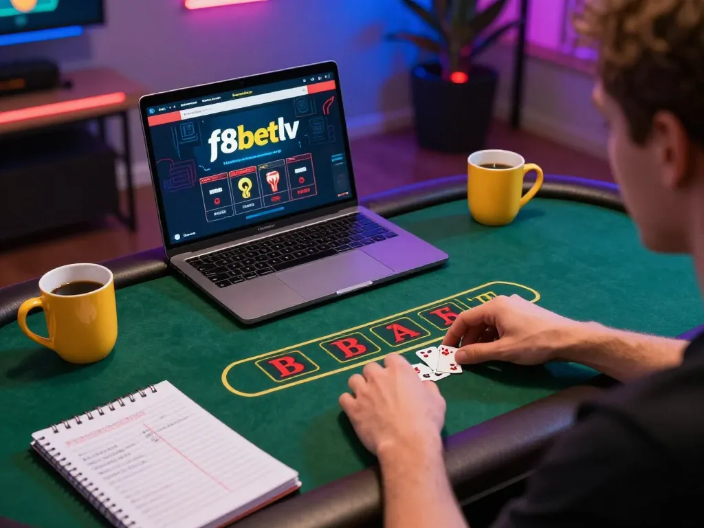 Engaged player at f8betlv online blackjack game using laptop, focused on strategy in stylish setting.