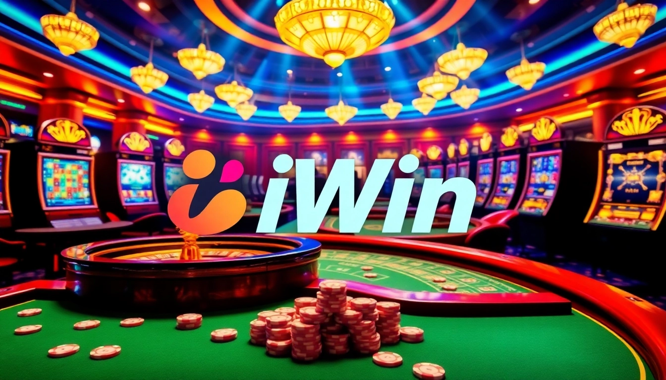 Engaging iWin casino atmosphere with vibrant tables and slot machines enticing gamblers.