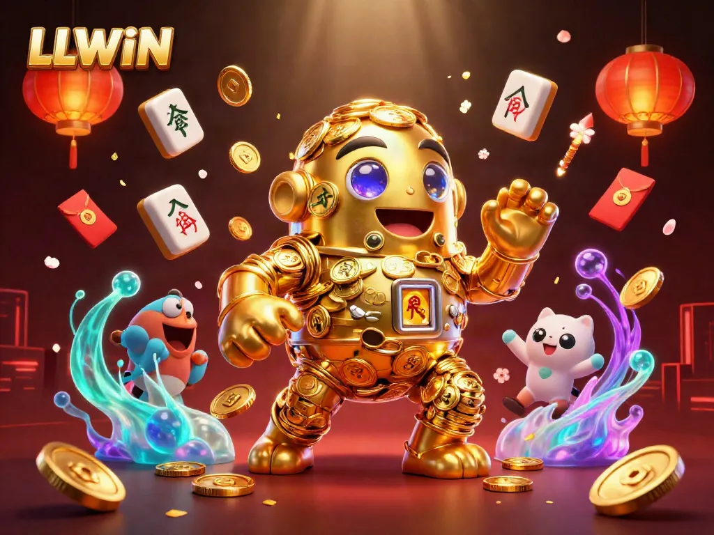 Generate enticing jackpots with LLWIN's magical slot golem amidst vibrant casino elements.