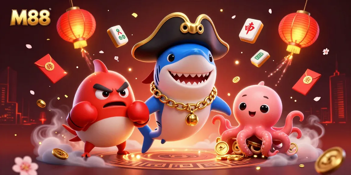 M88 showcases an exciting online casino scene with engaging elements like gold coins and mahjong tiles.