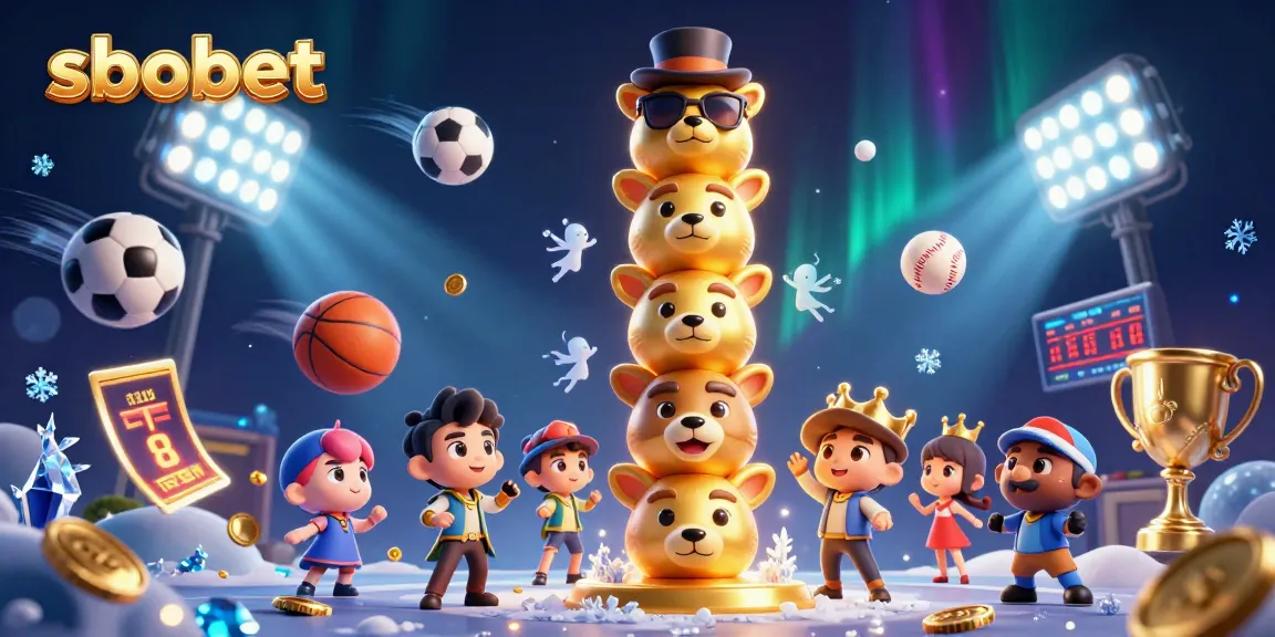 Engage in sbobet sports betting with dynamic 3D illustration of a golden totem pole and vibrant sports elements.