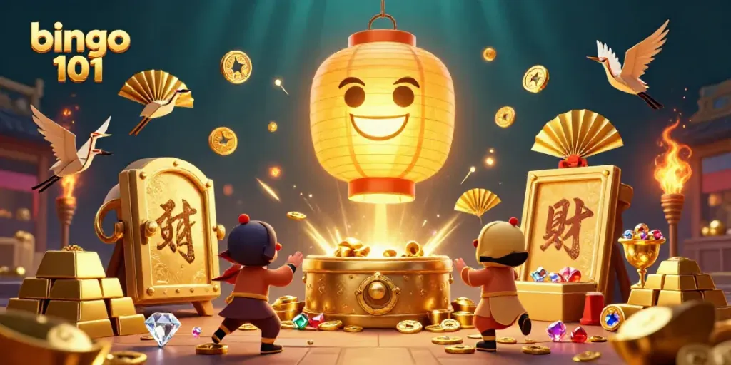 Bingo 101 characters surrounded by a vibrant night market casino, showcasing excitement and gaming elements.