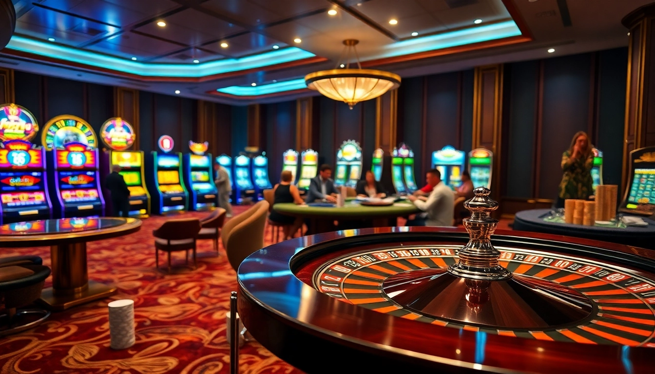 Experience the excitement of Jun88 with players at a vibrant casino table and a roulette wheel.