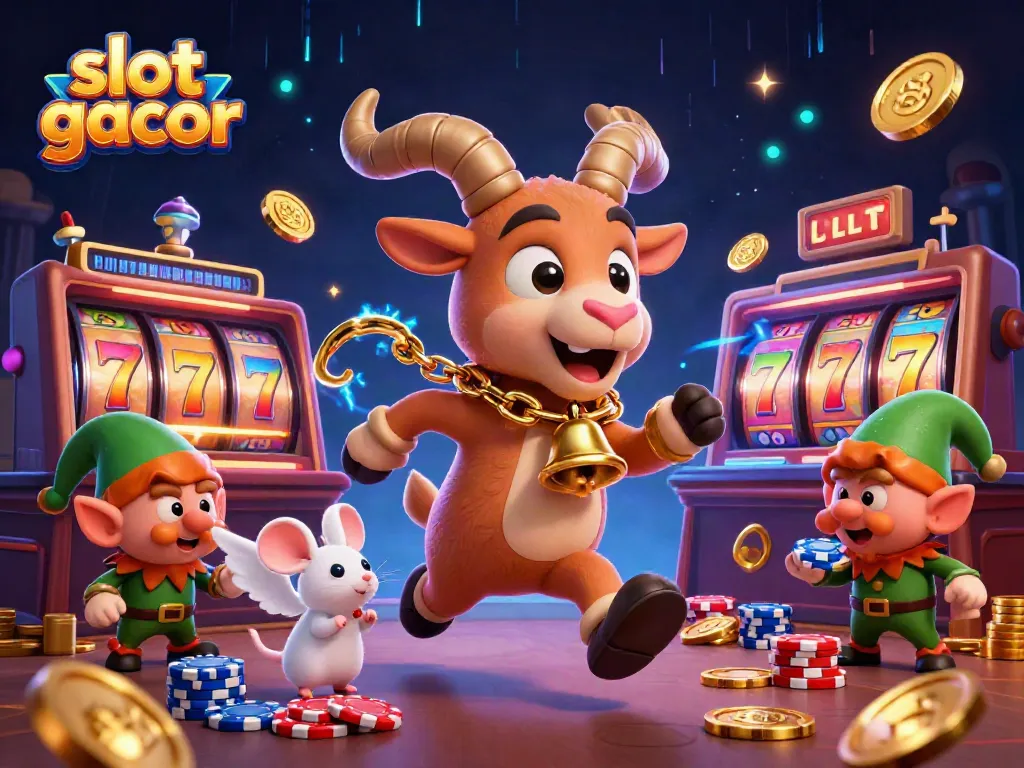 Menang di slot gacor dengan simbol jackpot dan karakter unik dalam kasino penuh warna.