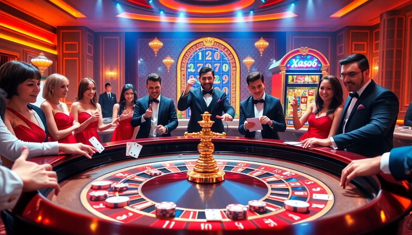 Xoso66 gambling action at a luxurious casino table with roulette and poker elements.