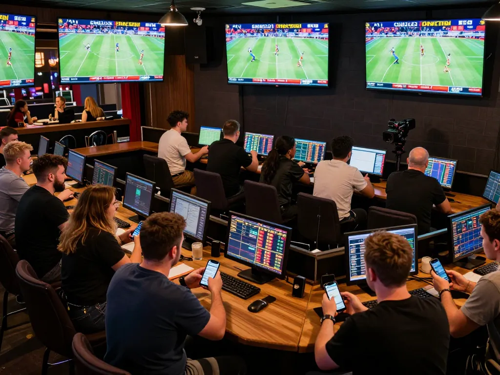 Exciting sports betting atmosphere at cm 88 with enthusiastic bettors engaging with live match screens.
