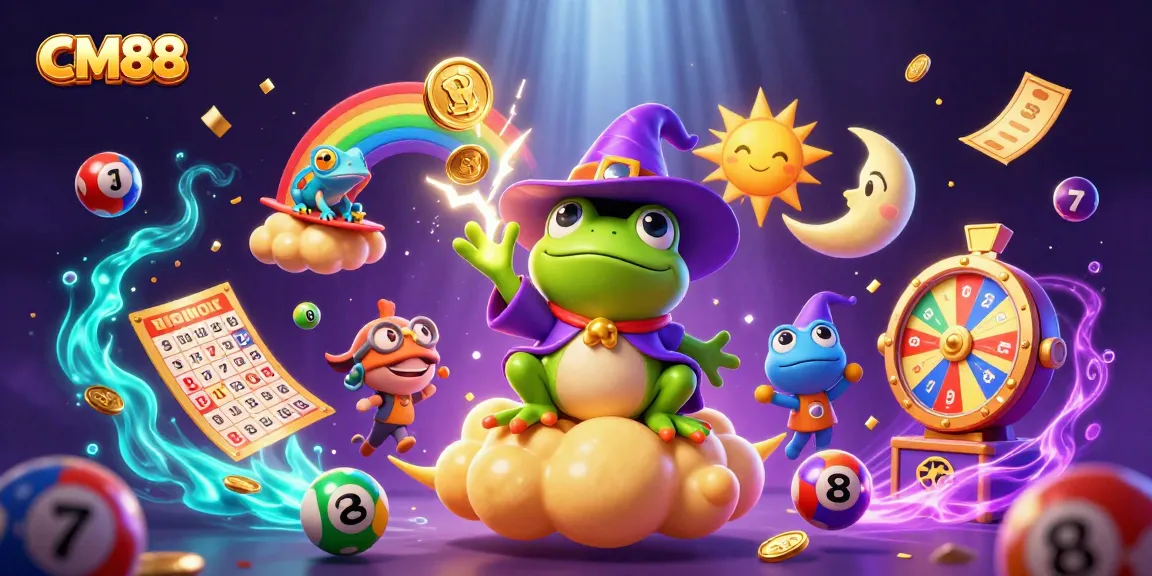 CM88 showcases a lively scene with characters amidst a whirlwind of gaming excitement, coins, and lottery balls.