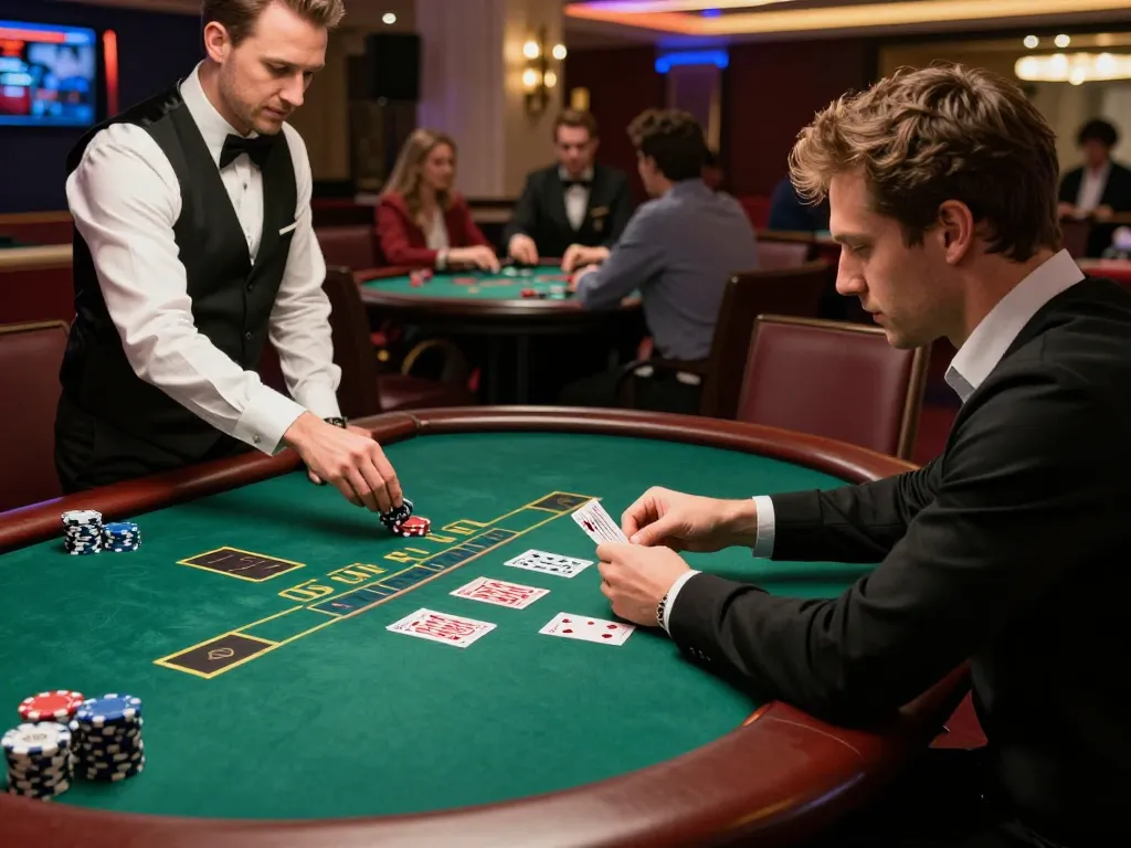 BL555 player strategizing at a blackjack table, showcasing excitement and luxury in a casino setting.