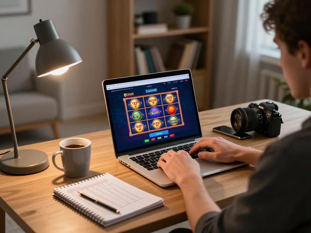 Antarmuka login DASI4D ditampilkan di laptop di kantor rumah yang stylish, memperlihatkan rincian permainan strategis.