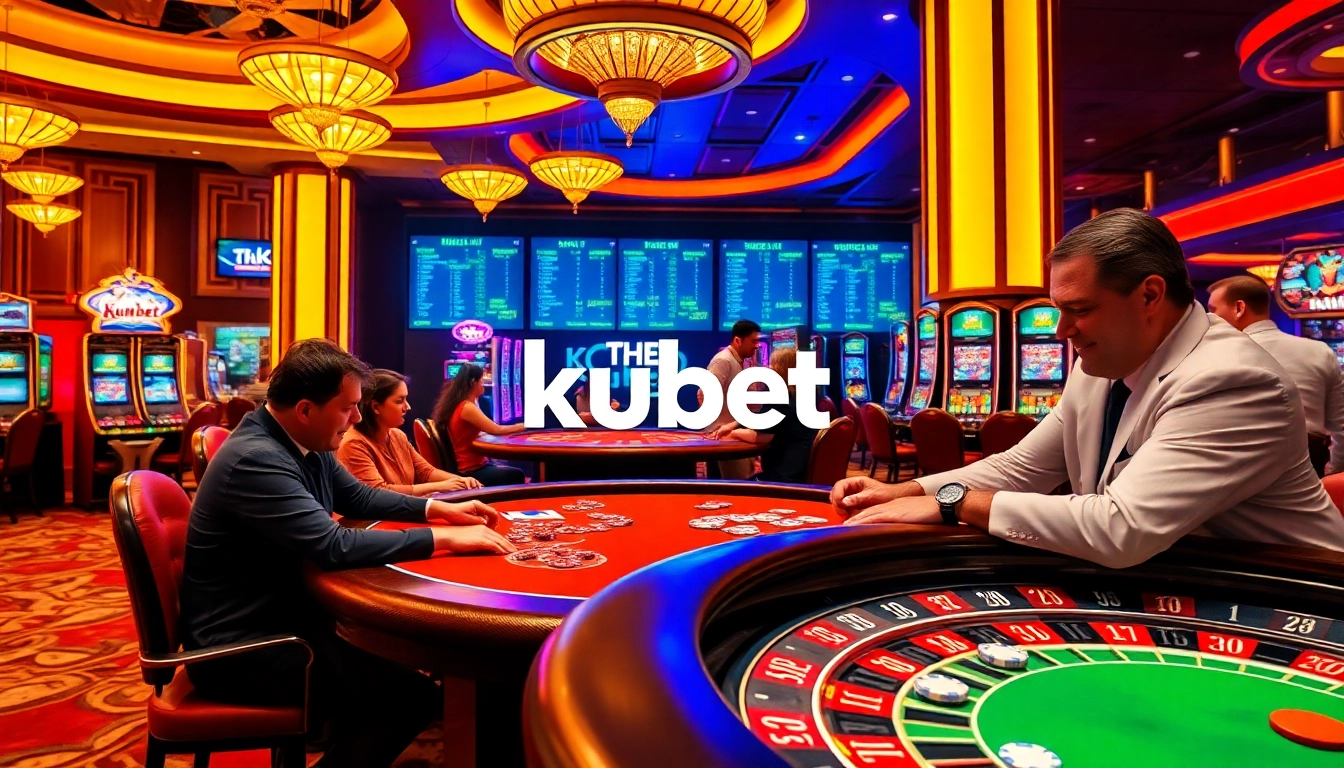 Exciting kubet casino gameplay with vibrant tables and players engaged at slot machines.