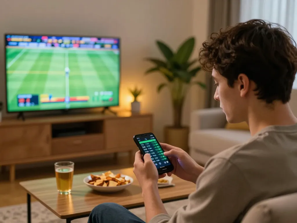 Engaging in sports betting on smartphone with dynamic odds displayed, enjoying TR88 in comfortable home setting