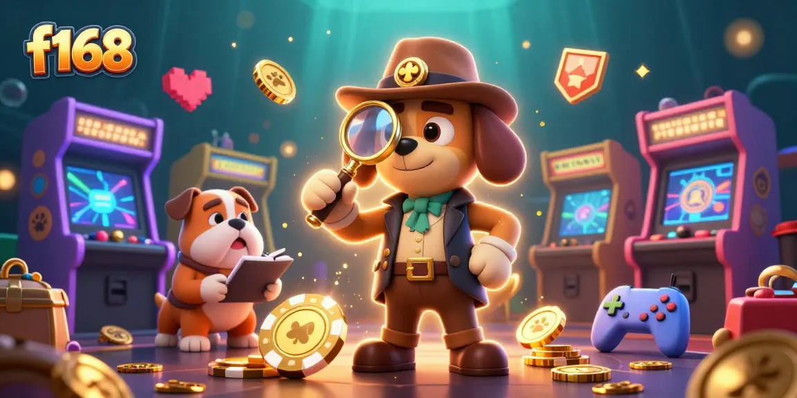 Engage with f168's vibrant gaming scene filled with colorful arcade machines and a treasure-seeking detective duo.