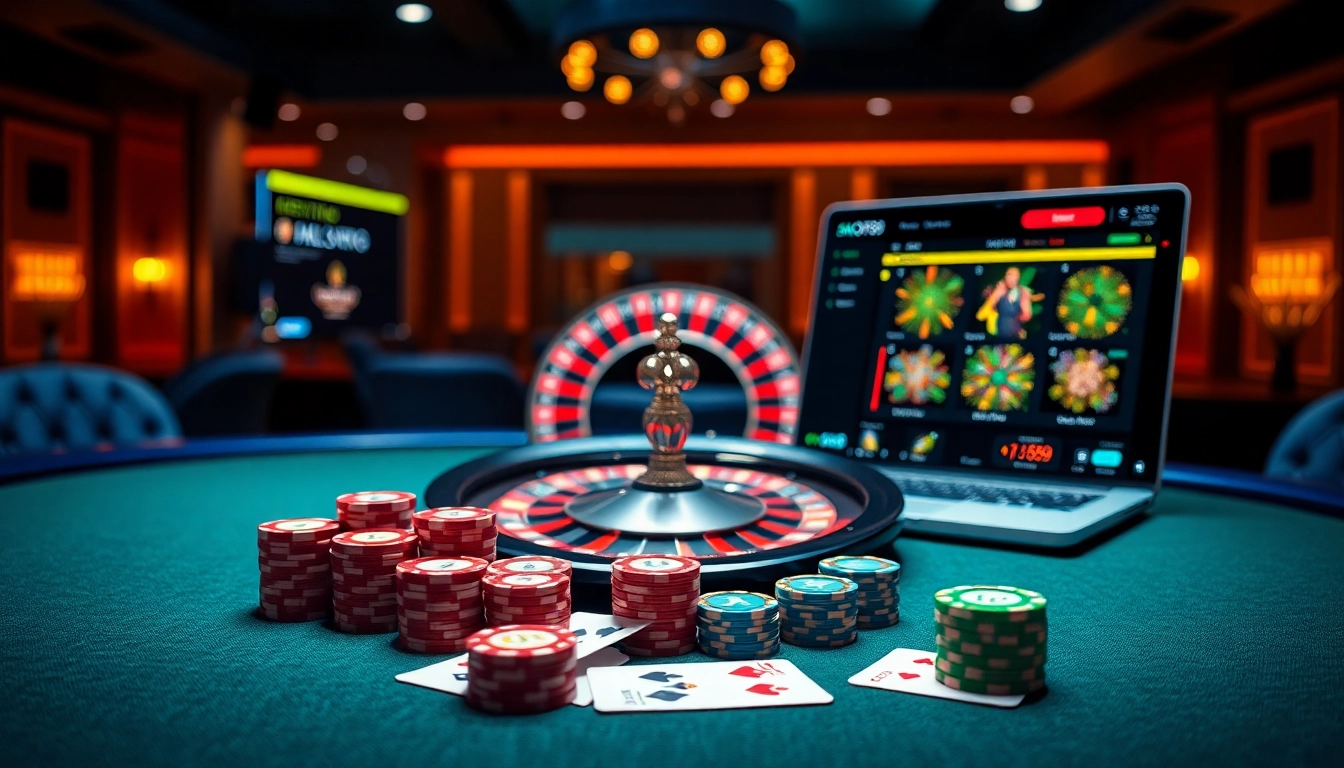 Sao789 gaming setup with vibrant poker chips, cards, and roulette wheel, showcasing an online casino experience.