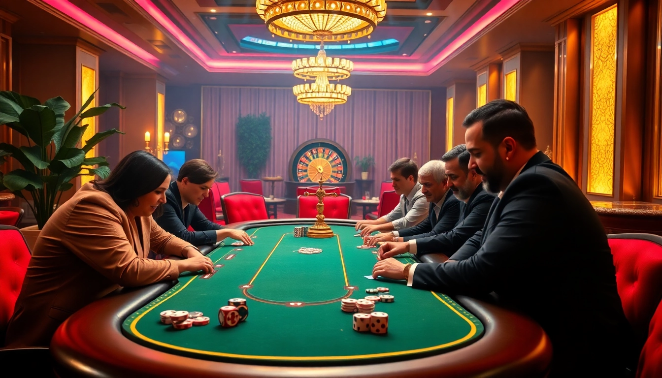 Intense poker game scene showcasing NK88 excitement with players and vibrant casino decor.