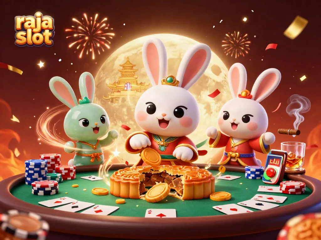 Menangkan permainan raja slot dengan ilustrasi konyol di bulan, menampilkan karakter dan elemen kasino.