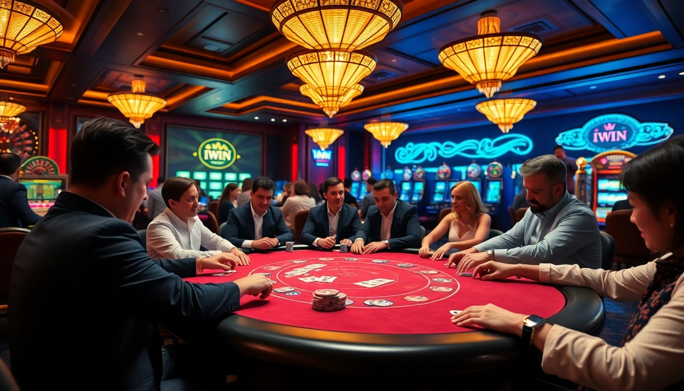 IWIN casino scene with high-stakes poker action and vibrant gaming atmosphere.