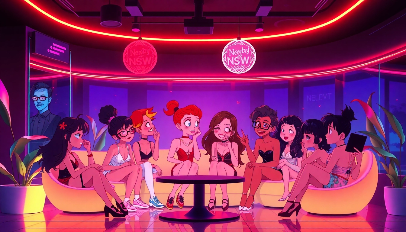 NSFW interactive digital lounge with diverse animated characters and playful decor.