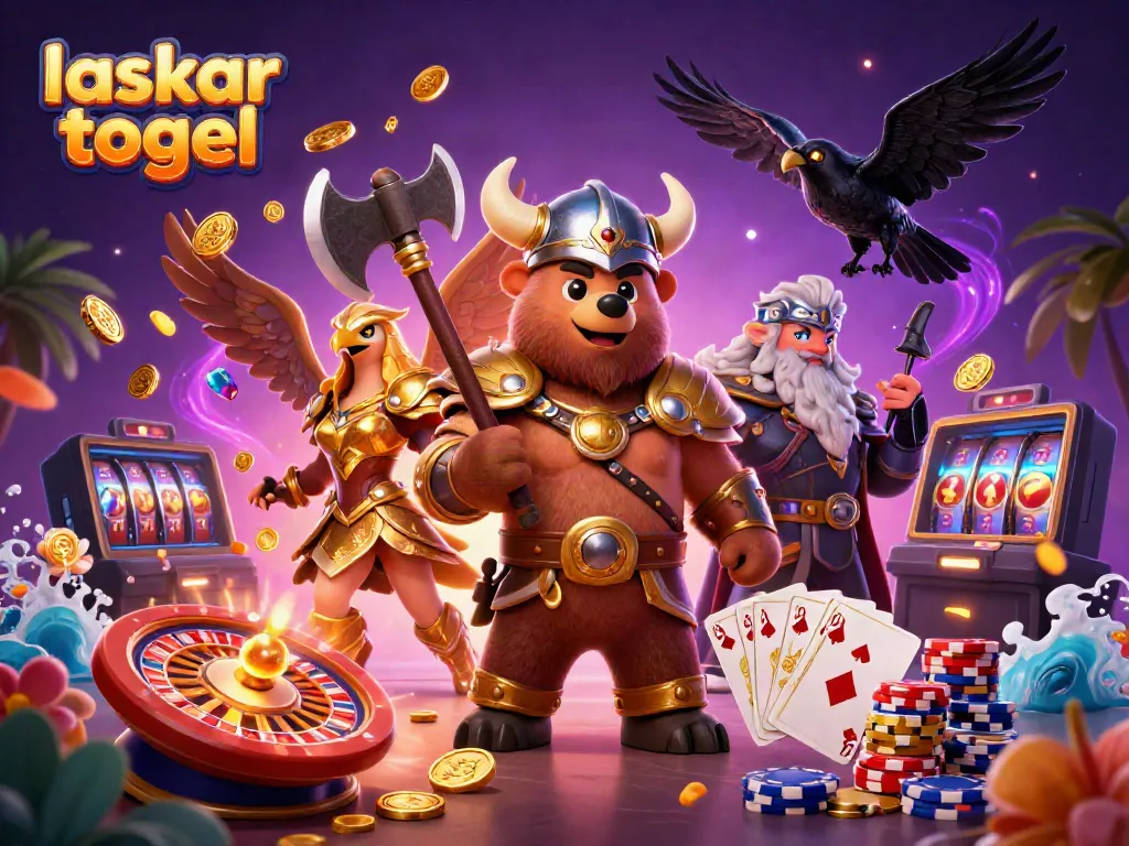 Experience thrilling laskar togel action with a Viking berserker bear and golden Valkyrie eagle in a vibrant casino.