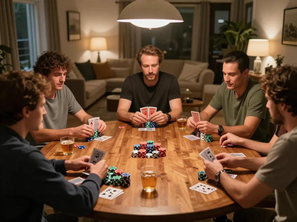 Players engaging in a friendly poker game night with 888 VI chips at a cozy home setting
