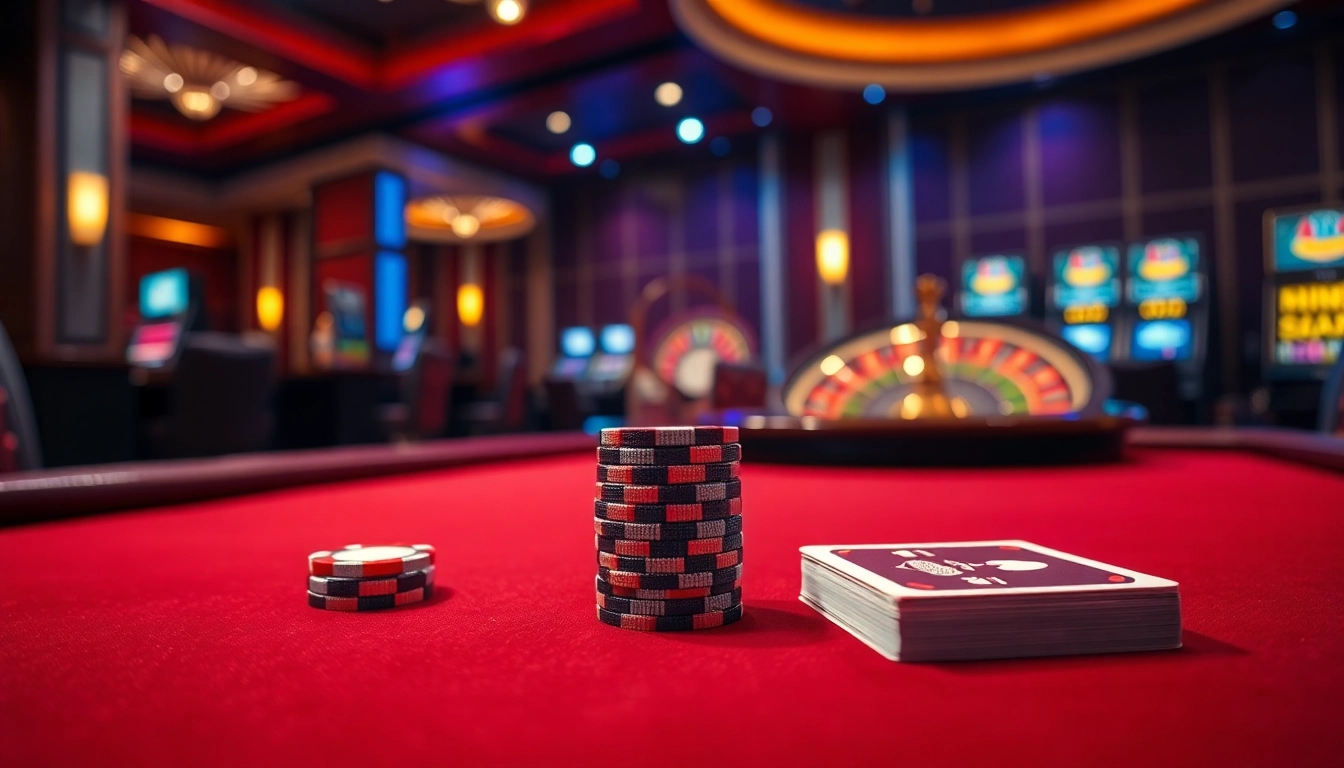 Engage in high-stakes poker at VVVwin's elegant casino, showcasing poker chips and cards.