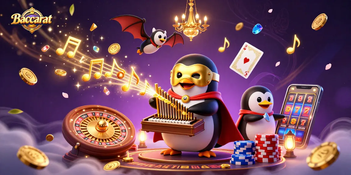 Baccarat game illustrated with a phantom penguin playing music as coins and gems fly around.