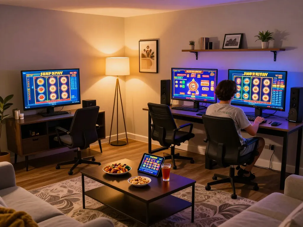 Bermain game Demo Slot di rumah dengan tablet di meja yang stylish