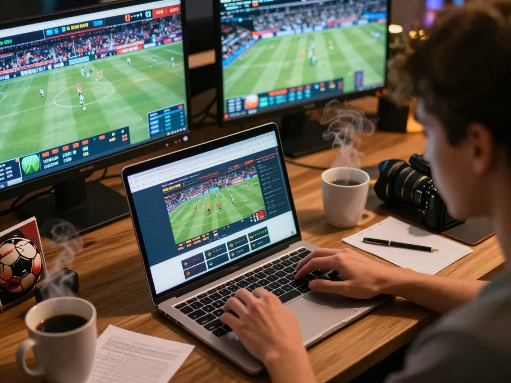Engaged user placing a bet on bk8 sports betting site, showcasing dynamic betting interface and focused environment.