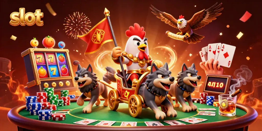 Experience the excitement of slot machines in a dynamic 3D scene featuring colorful reels and lively characters.