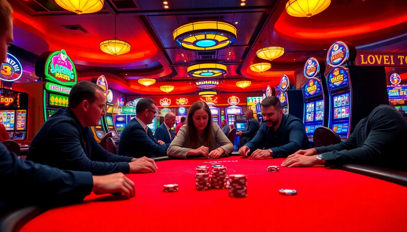 Bermain jalantoto di meja poker yang ramai dengan suasana kasino yang seru.