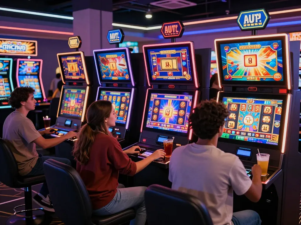 Suasana permainan kasino online yang menarik dengan para pemain menikmati mesin slot SGPSLOT dalam atmosfir yang penuh warna.