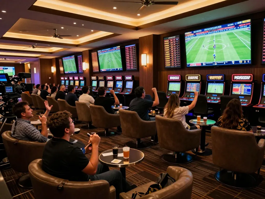 Xoilac live sports betting scene with fans celebrating in a luxurious lounge