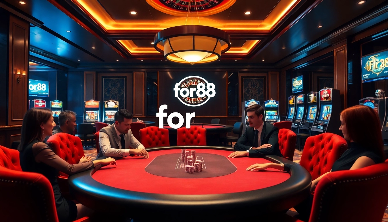 Experience thrilling gameplay at for88 with an elegant casino setting featuring poker and roulette.
