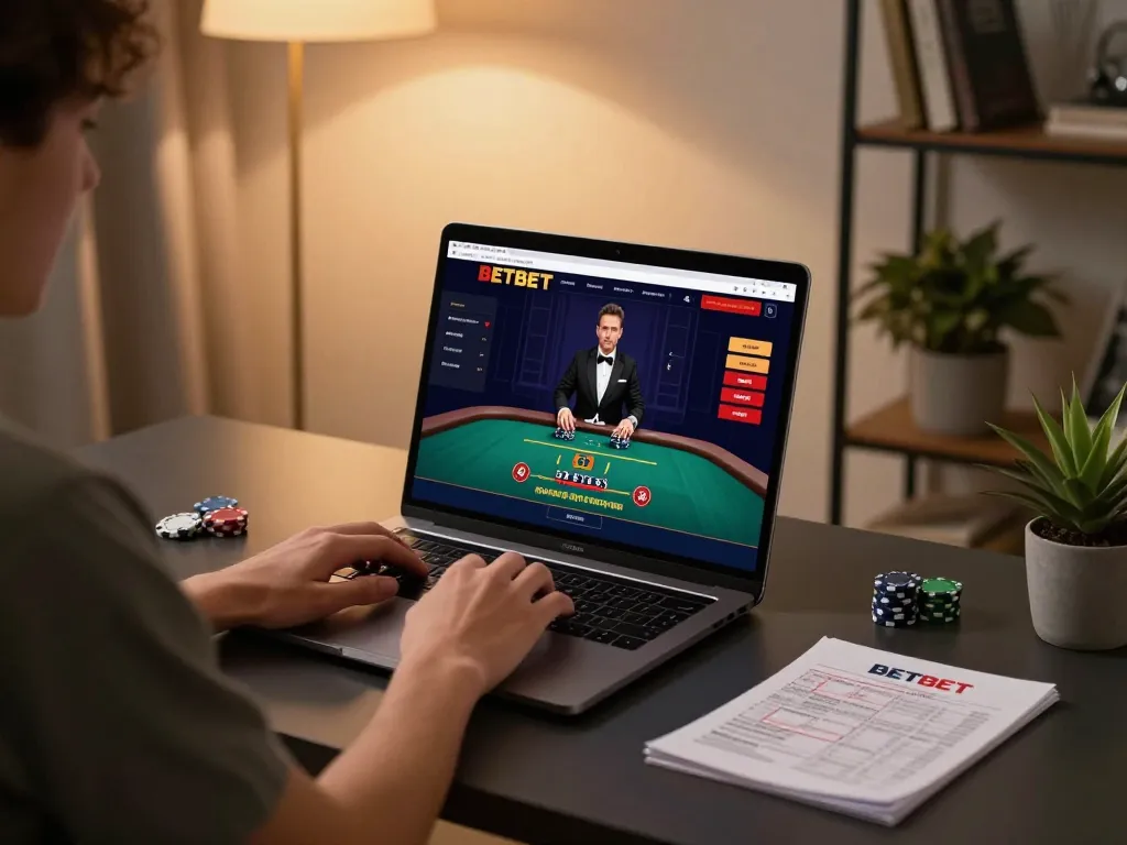 Enjoy online gaming at BETBET with a sleek setup featuring live dealer action and strategic notes.