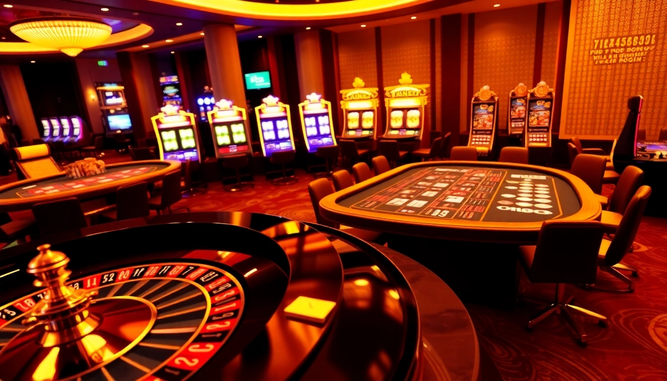 Players enjoying an exciting game night at nk88 casino with vibrant slots and poker tables.