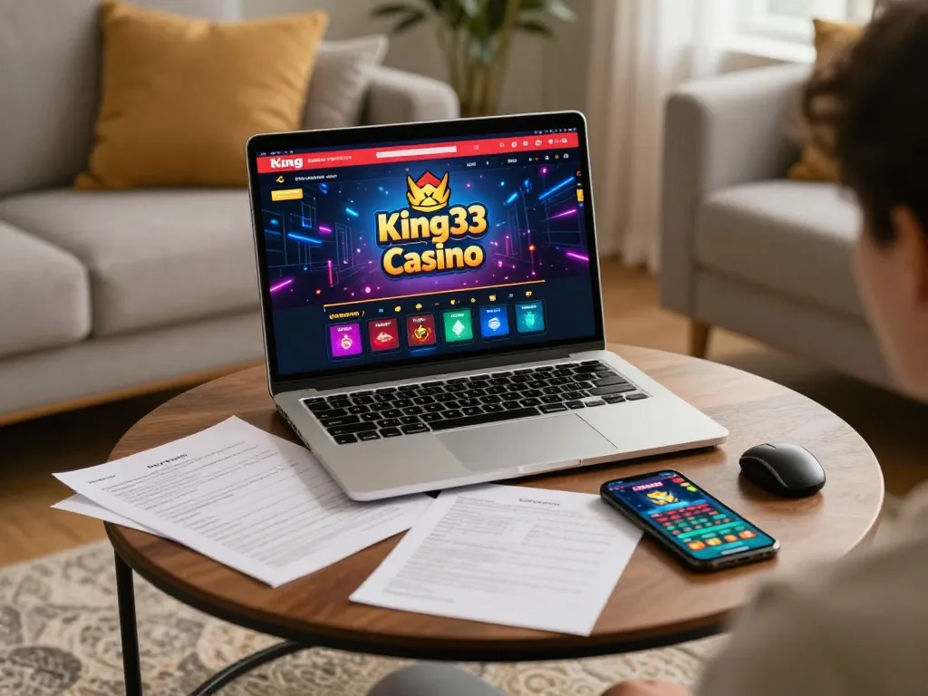 Engaging gameplay scene on king33 with a laptop showing casino interface and betting notes