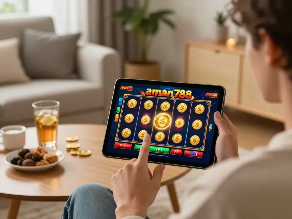 Seorang yang menikmati aman788 slot online di tablet, terbenam dalam permainan yang bersemangat di rumah dengan pencahayaan ambient yang hangat.