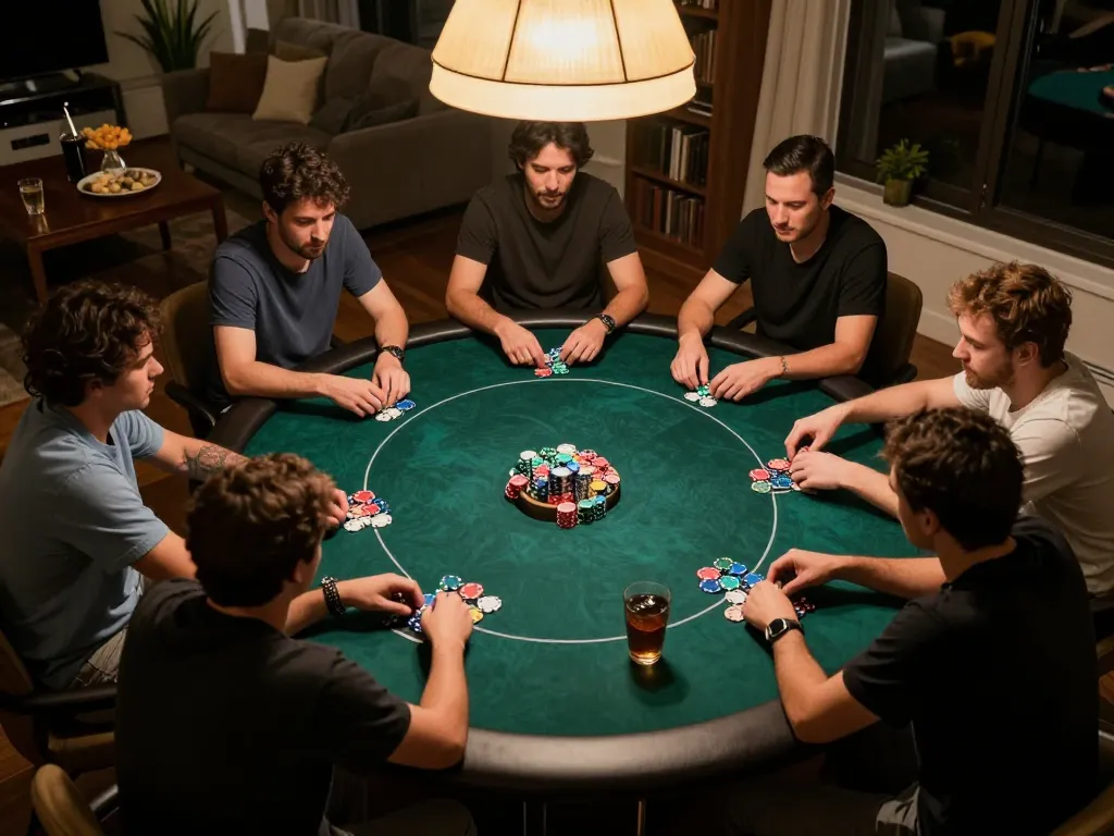 Kuwin players strategizing and enjoying a poker game at home night, colorful chips featured.