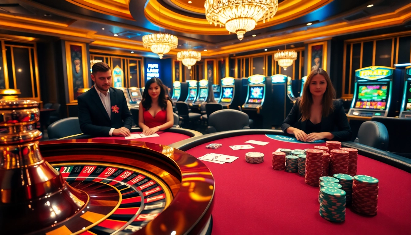 Players enjoy high-stakes poker at an elegant lc88 casino, capturing the thrill of betting.