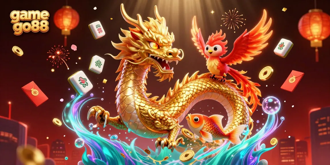 Engage in the thrilling game go88 with a fierce dragon, phoenix, and koi fish amidst floating casino elements.