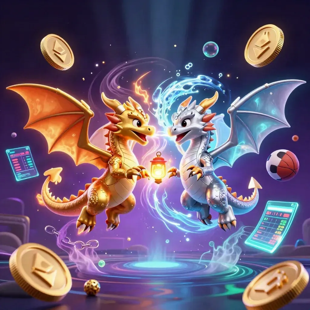Gold and silver dragons amid neon coins, sports balls, and electric magic in a dark luxe sky.