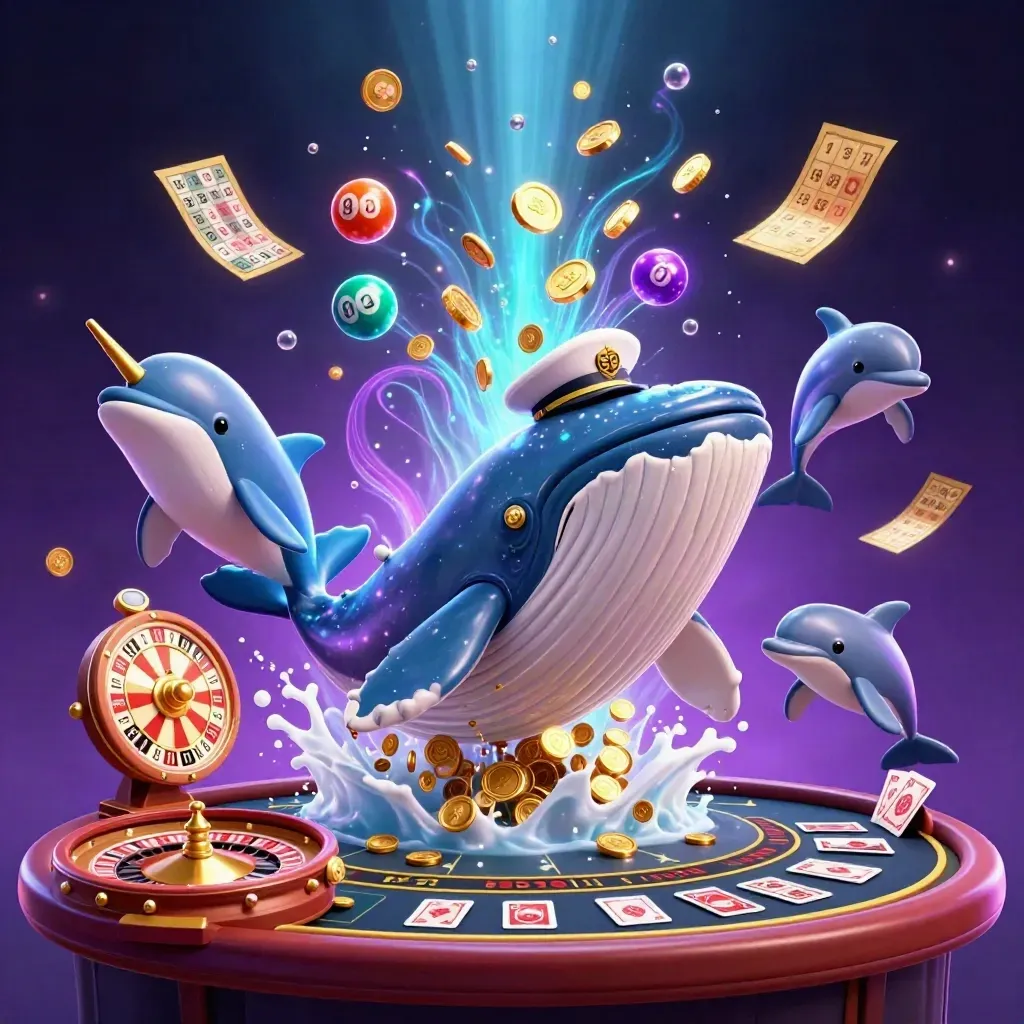 Captain whale, narwhal, dolphins, coins, casino props, starfield, neon glow