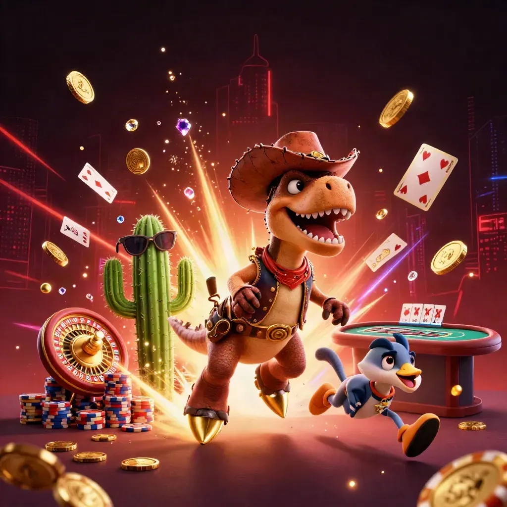 Cowboy T-Rex, cactus sidekick, and sheriff roadrunner amid jackpot coins and neon casino magic