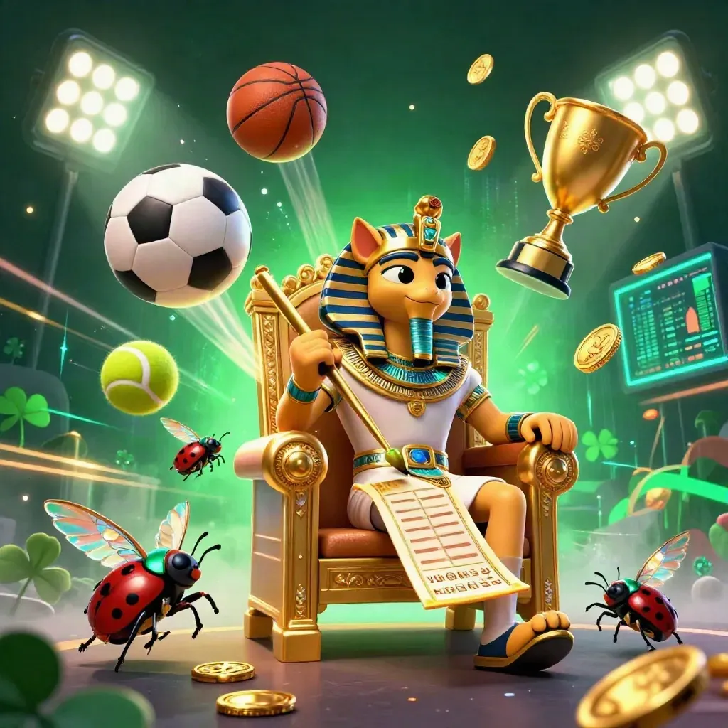 Pharaoh cat on a gold throne with ibis scribe, scarabs, flying balls, coins, and neon casino glow.