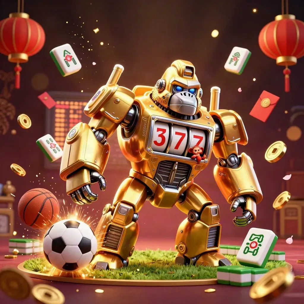 Golden gorilla mech and monkey pilot blast a soccer ball amid casino charms and sparks.
