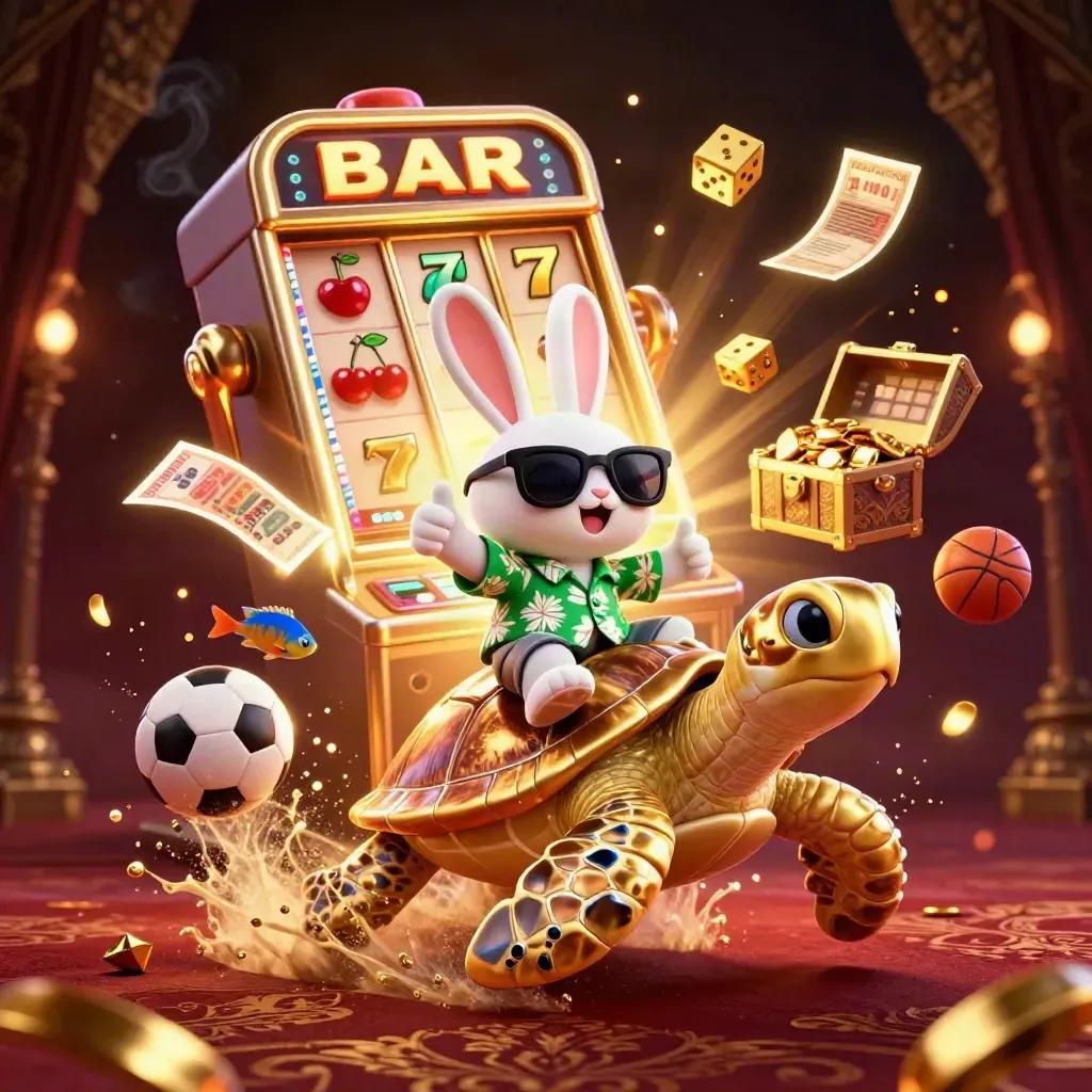 Lucky rabbit rides a gold sea turtle amid slot reels, dice, jackpots and sports balls.