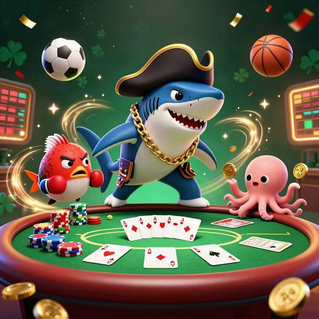 Pirate shark, pufferfish, and octopus amid flying chips, cards, coins, and casino glow.