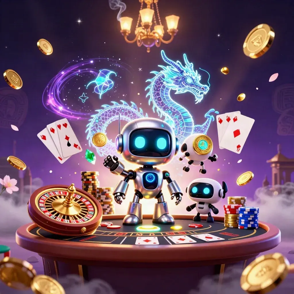 Cyberpunk robot, holographic dragon, and drone amid casino lights, coins, cards, and roulette.